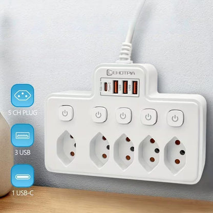 Mehrfachsteckdose mit USB – 5 Steckplätze, 3x USB-A, 1x USB-C, Überspannungsschutz - Anania's Shop